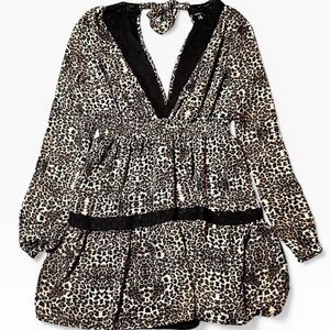 Leopard Print Vneck Mini Dress - Black & Brown